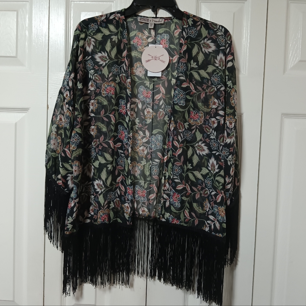 Gypsies & Moondust Dark Floral Fringe Kimono
